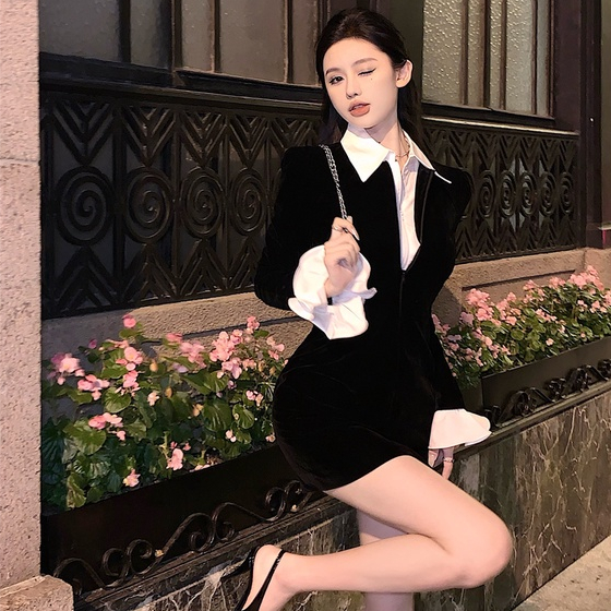 Đầm body cổ V YIMI phối sơ mi trắng tay bèo tiểu thư