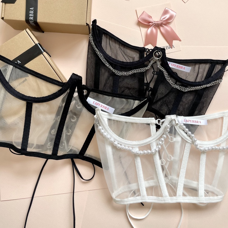 B35 | Áo Corset Màu Da Viền Đen Kiểu Trong Suốt Xuyên Thấu Đan Dây Sau Lưng Thiết Kế La Perbra