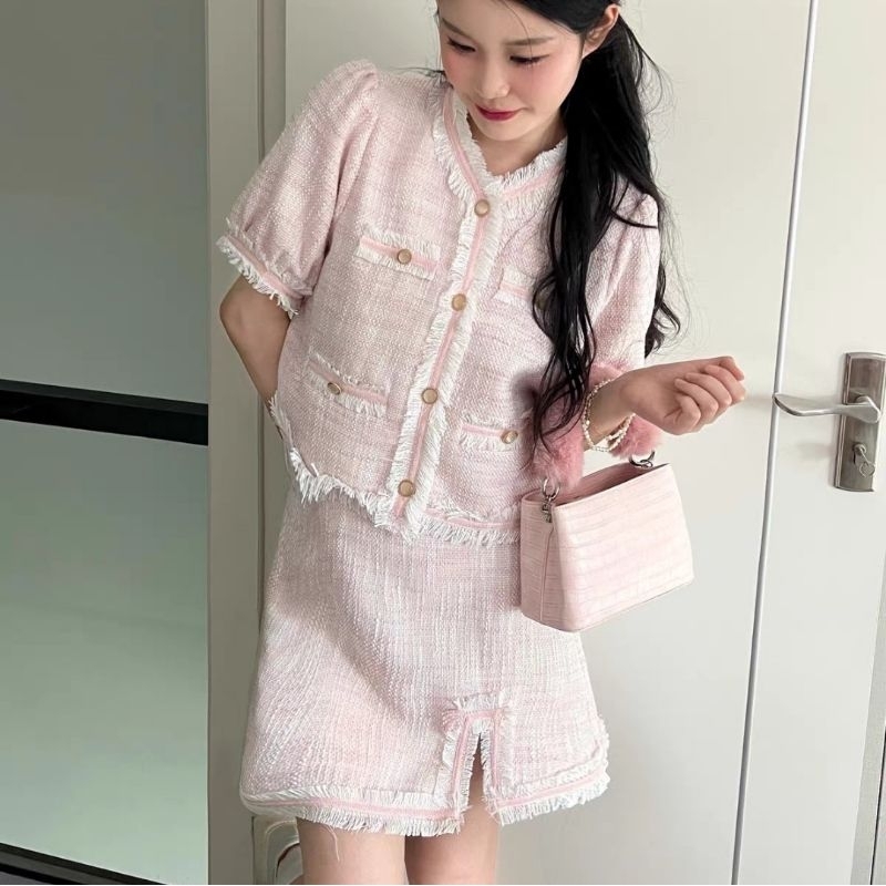 Set đầm hồng dạ gai vải tweet, hàng loại 1 của CHIC CLUB