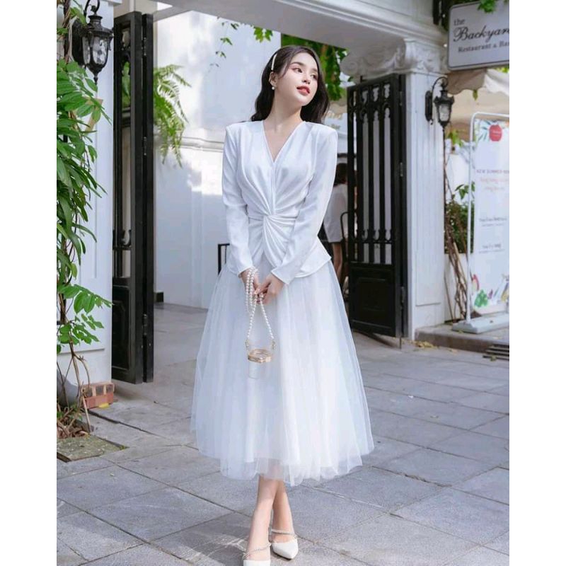 Set đầm đi tiệc đi dạo phố, đi làm. Áo sơ mi vạt chéo tay dài, chân váy voan lưới 2 lớp dáng xoè dài