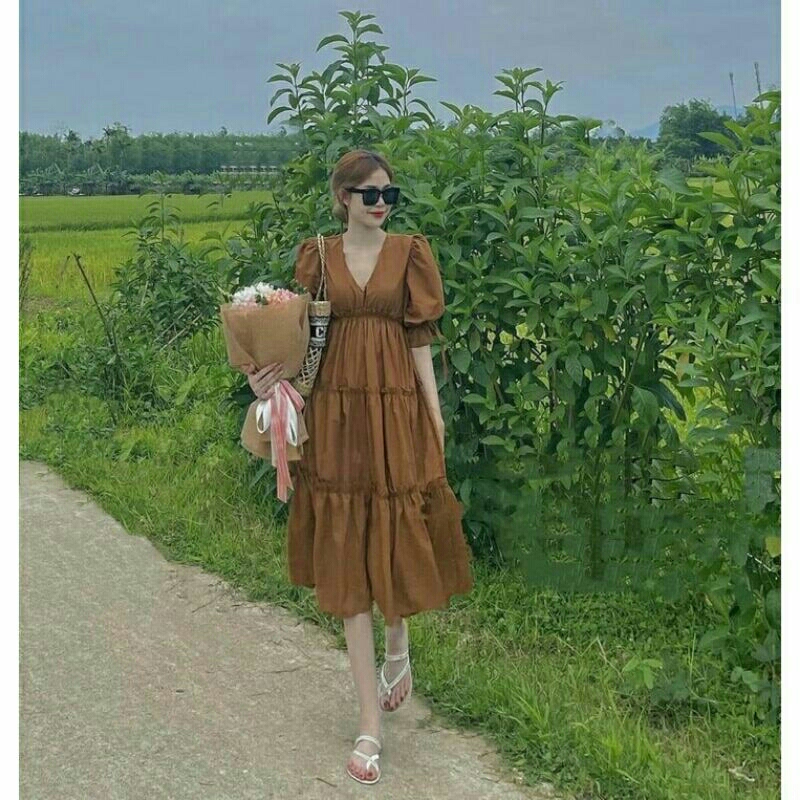 Váy Bầu Babydoll Thời Trang Thiết Kế Suông Tầng Cổ Tim Chất Mát freesize Dưới 70kg