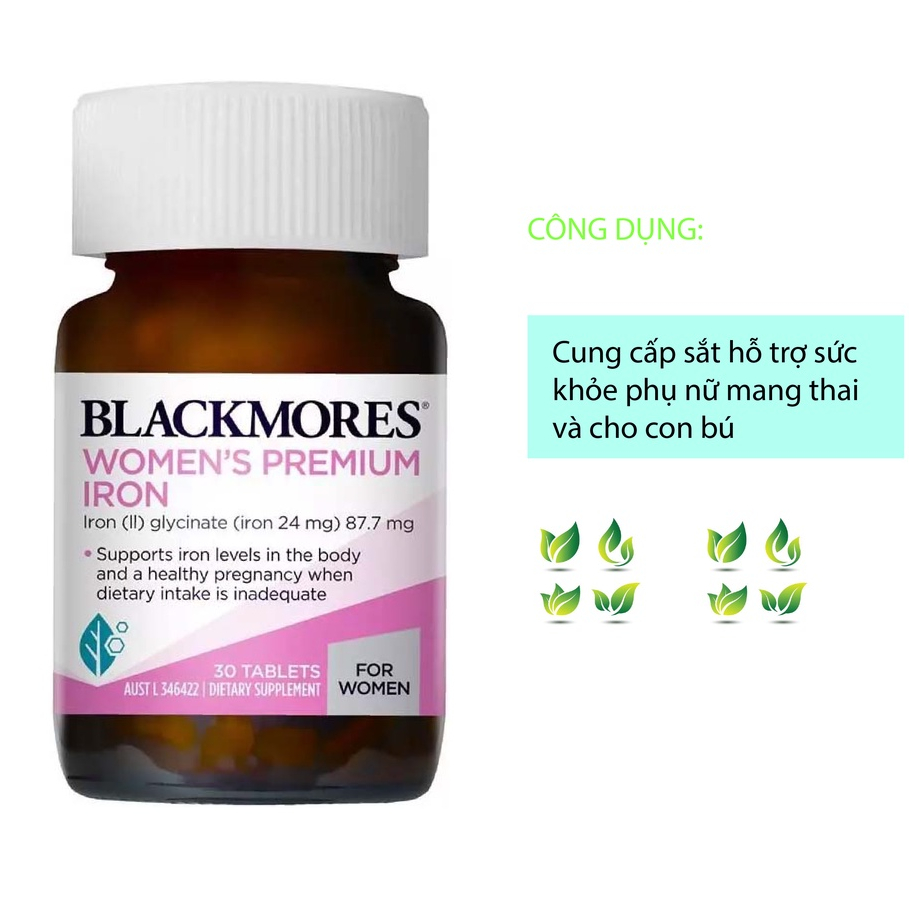 Viên uống bổ sung sắt cho bà bầu Blackmores Premium Iron Úc 30 viên, hỗ trợ bổ sung sắt