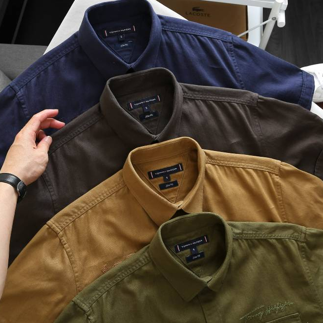Áo sơ mi Kaki tay ngắn túi hộp -Áo khoác Kaki gam màu Retro cổ điển Logo thêu - 4 Màu II TM