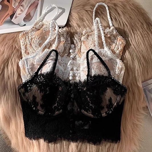 Áo bra ren, Áo bralette hàng cúc ren mềm xuyên thấu phối quần lọt khe sexy The Celynbra - B08
