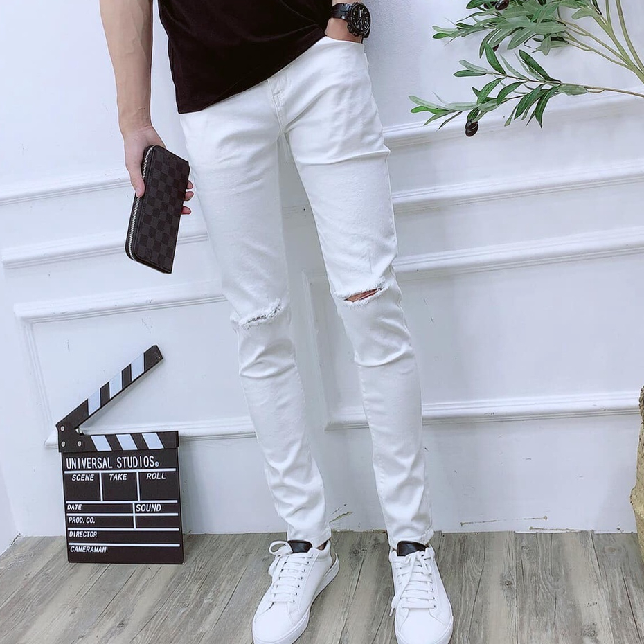Quần jean dài nam ZARA  cao cấp hàng vnxk màu trắng rách gối chất dày dặn co giãn thoải mái form skinny cao cấp 702
