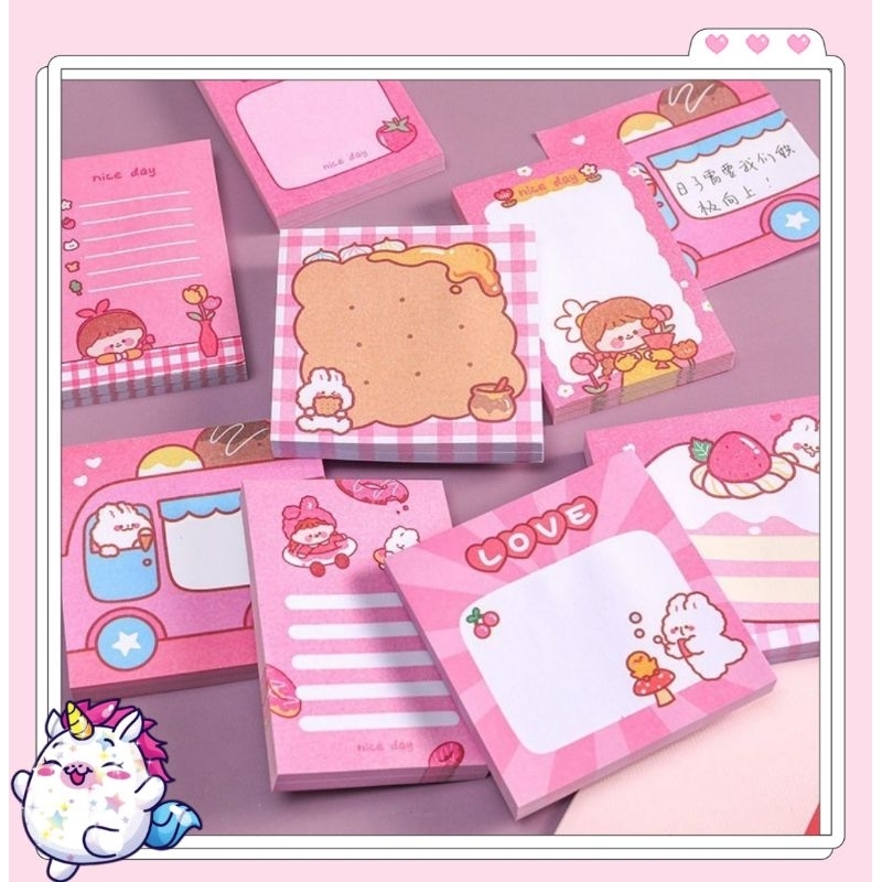 Note ghi chú cô gái, thỏ hồng bánh kem dễ thương/ Tệp note ghi nhớ, note sticker chủ đề màu hồng giá sỉ rẻ làm quà tặng