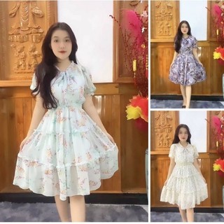 VÁY HOA VOAN TIỂU THƯ BUỘC NƠ CỔ