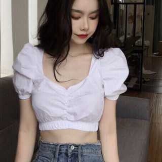 ÁO CROPTOP NHÚN NGỰC E4-6, áo crt tay phồng kiểu nhíu ngực Laca