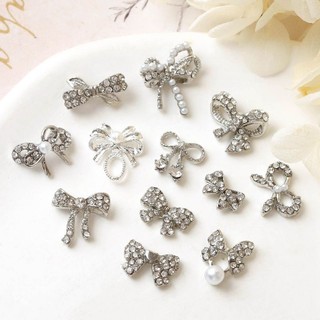 Charm nơ bạc đính đá trắng gắn trang trí móng tay chọn lẻ cái