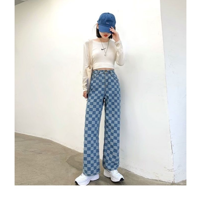 (ORDER) Quần bò denim ống đứng lưng cao họa tiết trendy kẻ caro ô vuông tone xanh và đen E-girl(ảnh thật)