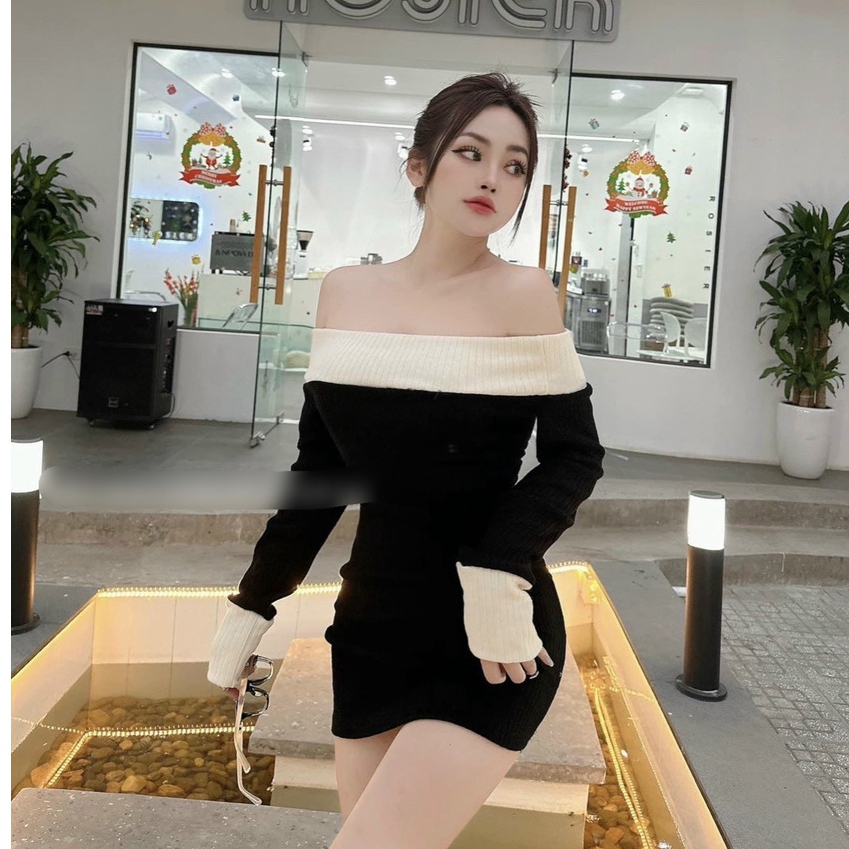 Đầm body Form ngắn tay dài trễ vai phối viền chất thun xương cá trẻ trung