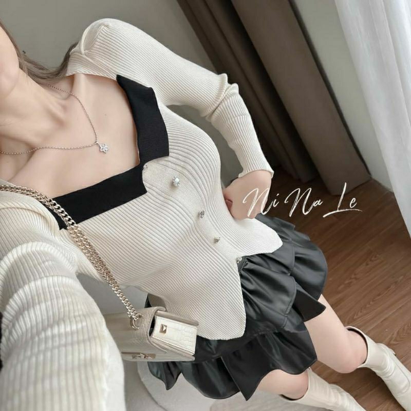 ÁO TAY DÀI GÂN TĂM CỔ BẺ 2 MÀU VẠT BG