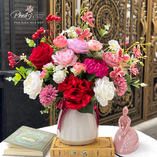 Bình hoa lụa decor trang trí phong cách hiện đại chậu ngẫu nhiên PKND FLOWERS & DECOR