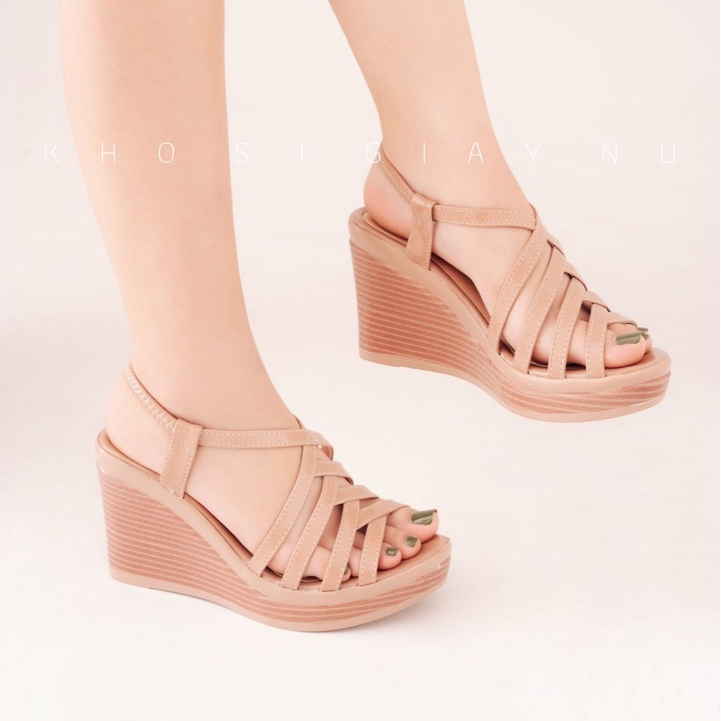 Dép sandal đế xuồng siêu nhẹ quai đan chéo 8 phân cao gót