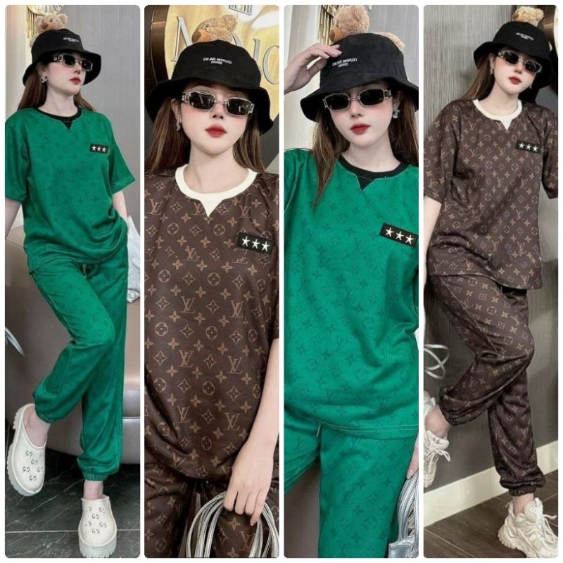 Set Bộ Thun Lạnh Dài Form Rộng Chân Bo Thun Cổ Viền Logo Ngôi Sao Thêu