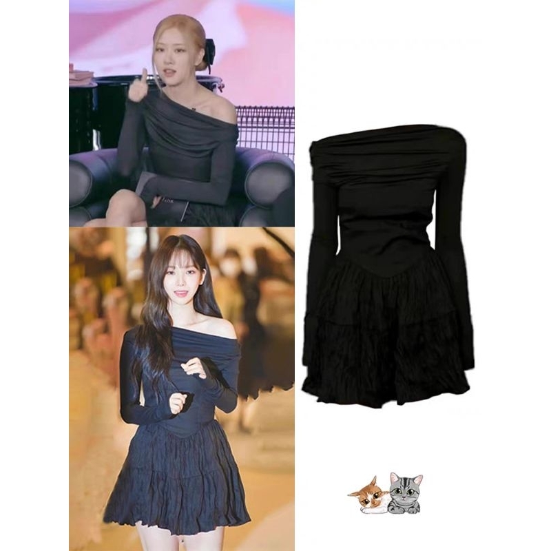 Đầm váy tiểu thư trễ vai dáng xòe ly tông đen sang chảnh Rosé Karina