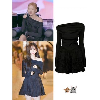 (Sẵn M) Đầm váy tiểu thư trễ vai dáng xòe ly tông đen sang chảnh Rosé Karina