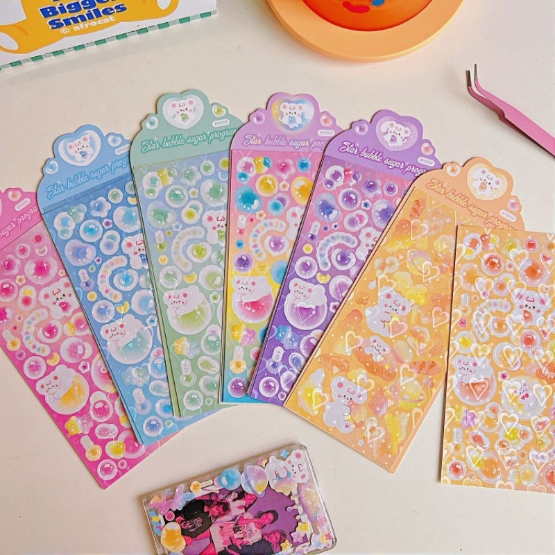Set 2 tấm hình dán sticker gấu bong bóng bubble bling lấp lánh decor toploader, DIY