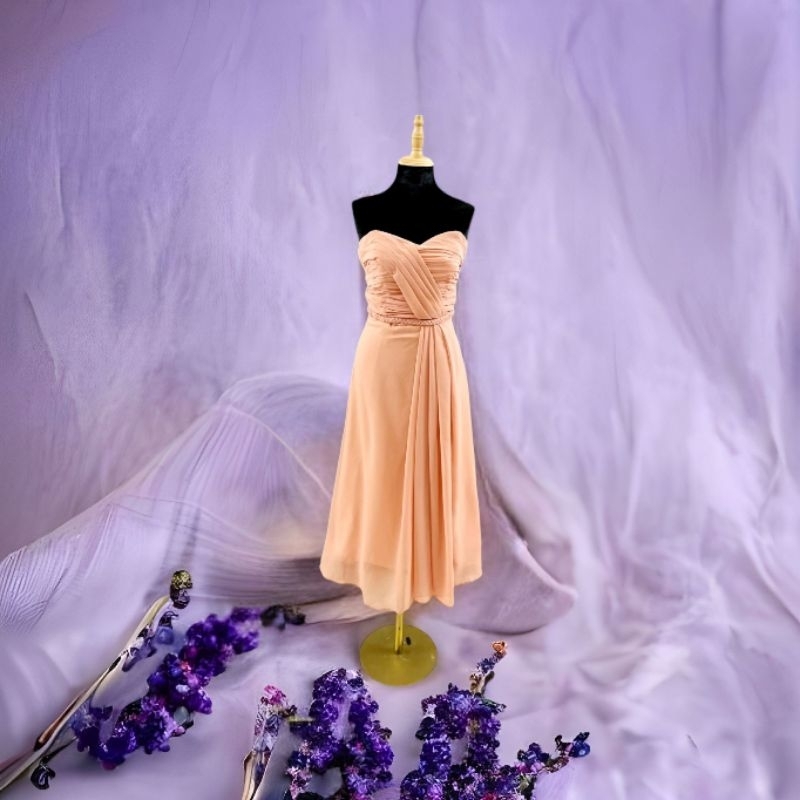 Đầm dự tiệc xòe 02 lớp, voan cát, có mút ngực, màu hồng cam, mới 94%, size XS, #2hand, 1660