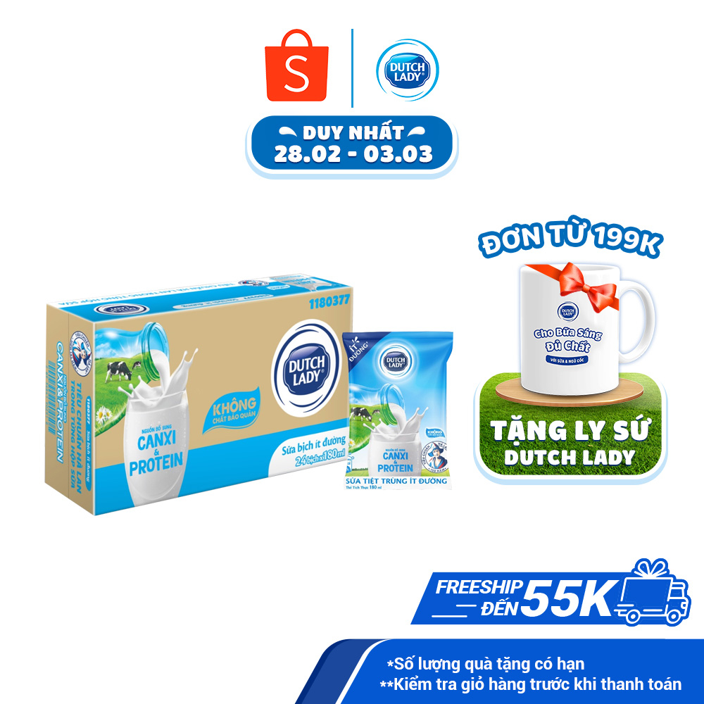 Thùng 24 bịch sữa tươi tiệt trùng ít đường Dutch Lady Canxi & Protein 180ml