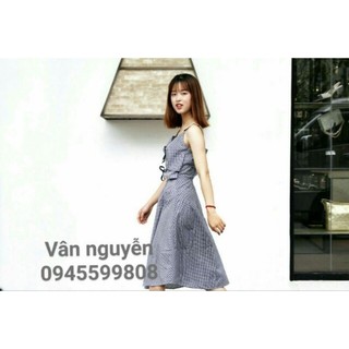 Đầm caro cột nơ hình thật