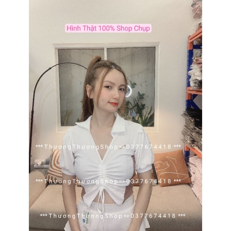 Áo Croptop cổ chữ V sơ mi tay ngắn RÚT DÂY PHỐI MÀU 2 BÊN chất thun gân mềm mại //Thương 90 Shop
