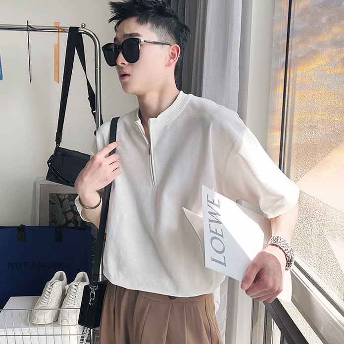 Áo phông nam nữ cổ khoá vải Cá Sấu TC, Áo thun form rộng Unisex nam nữ cổ zip tay lỡ Hàn Quốc