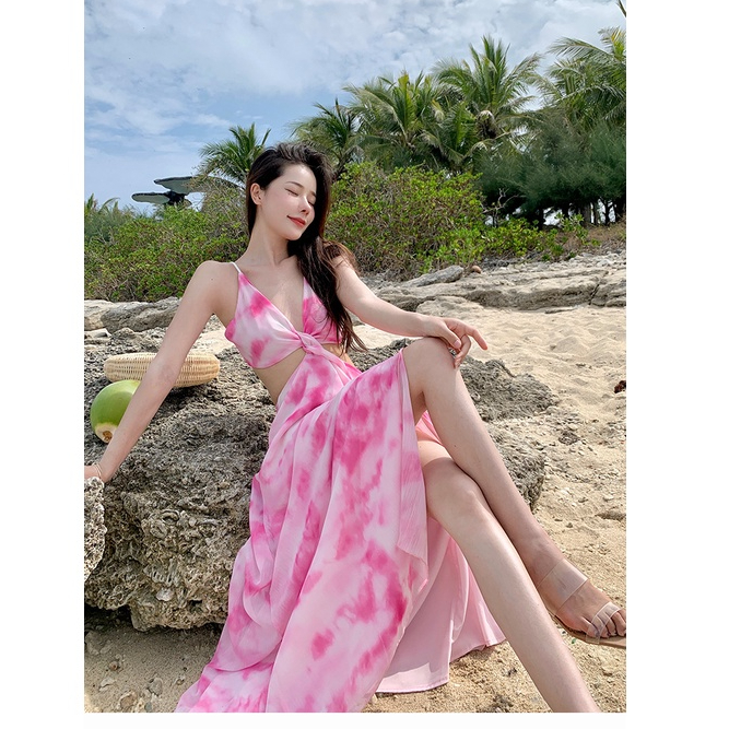 (Sẵn) M346 - Đầm maxi voan loang màu hai dây hở lưng xoắn eo xẻ tà mặc 2 kiểu (2 màu)