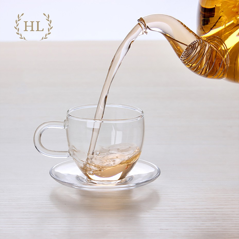 CHÉN  ĐĨA THỦY TINH QUAI | Chén thủy tinh chịu nhiệt chuyên dùng cho trà hoa cúc 100ml kèm đĩa kê thủy tinh chịu nhiệt | BigBuy360 - bigbuy360.vn