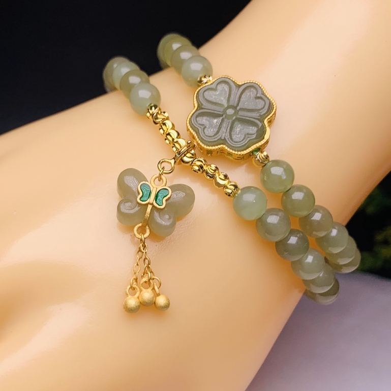 Lắc tay cỏ Hòa Điền ngọc (Nephrite tư nhiên)