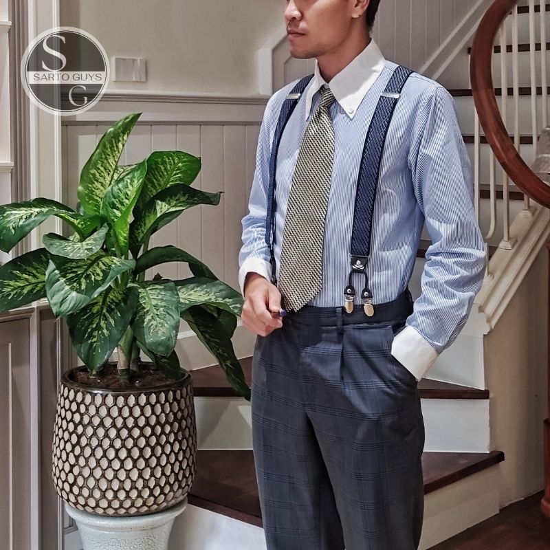 Áo sơ mi nam kẻ sọc, áo sơ mi kẻ sọc xanh cổ trắng Sarto Guys kiểu wingchester cổ áo button down cổ tay giả măng séc đúp