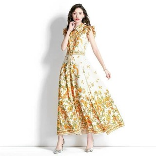 HÀNG NHẬP - ĐẦM LỤA IN HOA VÀNG DÁNG DÀI