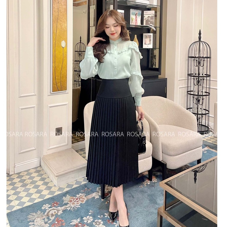 Chân Váy Đen Midi Xếp Ly Cạp Cao Thời Trang Nữ Rosara CV16