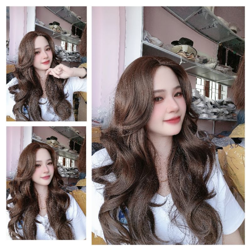 Tóc giả nữ siu da đầu dáng xoăn mái bay