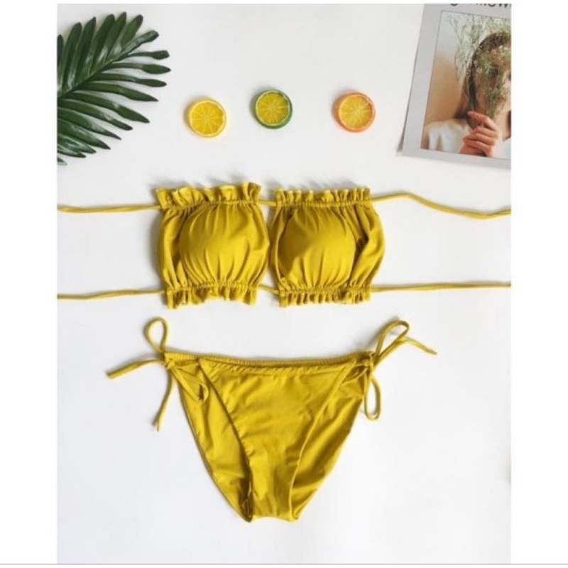 đồ bơi nữ bikini 2 mảnh bầu mặc được áo cúp ngực kết họp quần tam giác màu vàng, trắng, xanh rêu sexy HÌNH CHỤP THẬT