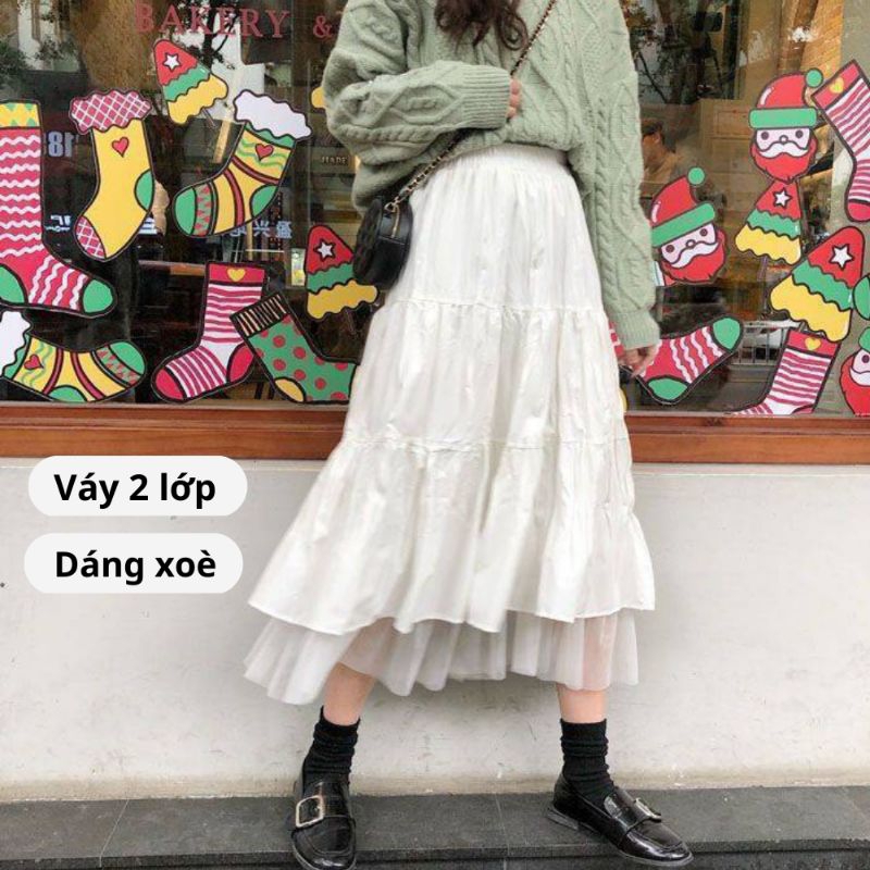 Chân váy xòe dài phong cách hàn quốc 2 tầng,chân váy xòe dáng dài cho người mập 03