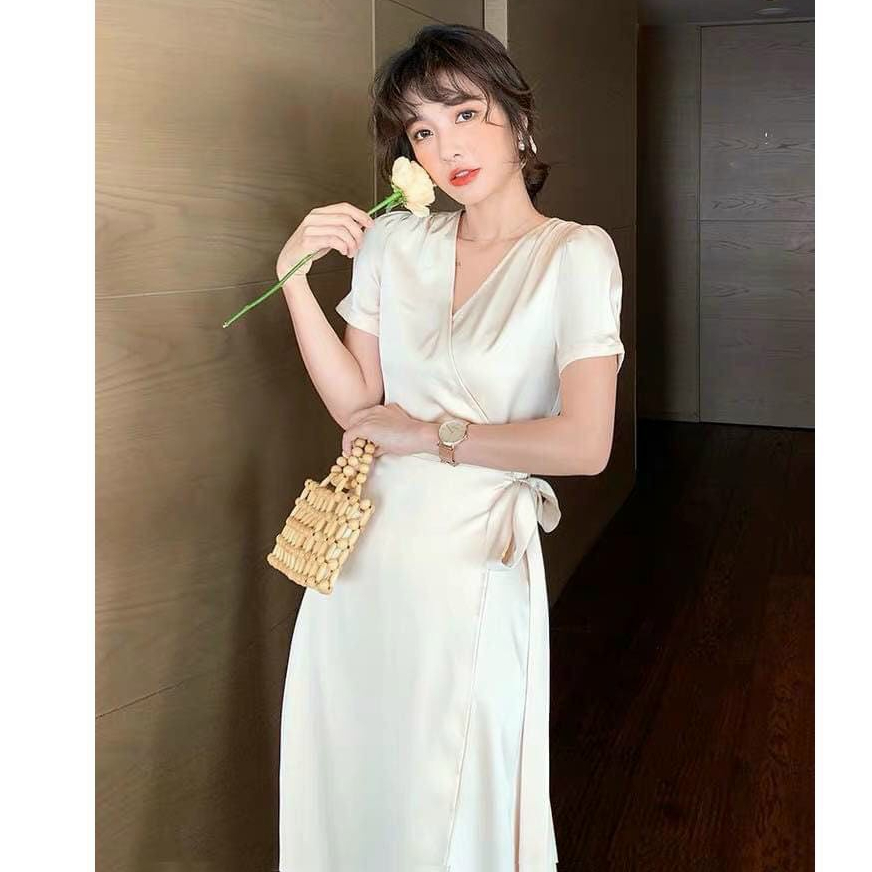 Đầm Nữ Kiểu Pháp Cổ V,Váy Dự Tiệc Maxi lụa Satin Cao Cấp Mềm Mịn Full 2 Lớp Quý Phái Sành Điệu Thời Trang Thiết Kế [MJP]