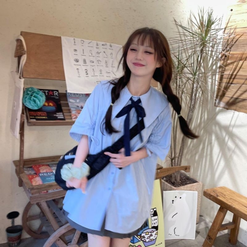 [Mã FATREND02 giảm đến 30k đơn 99k] Áo sơ mi xanh ngắn tay cổ bẻ bản lớn dây nơ tiểu thư nữ sinh Hàn Quốc A102 | BigBuy360 - bigbuy360.vn