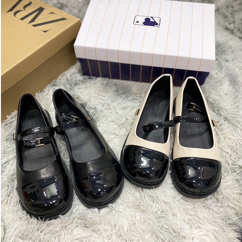 Giày búp bê nữ mũi tròn Doll⚡ GIÁ SỐC ⚡Giày bệt nữ đế bằng dây cài 2 màu kem-đen phong cách Ulzzang thời trang Hàn Quốc