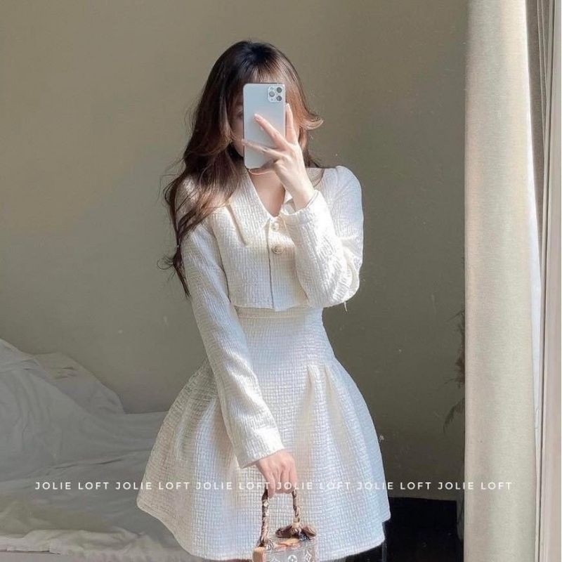Sét váy hai dây dáng xòe kèm áo khoác croptop chất bố mịn sét vest thanh lịch Vip21