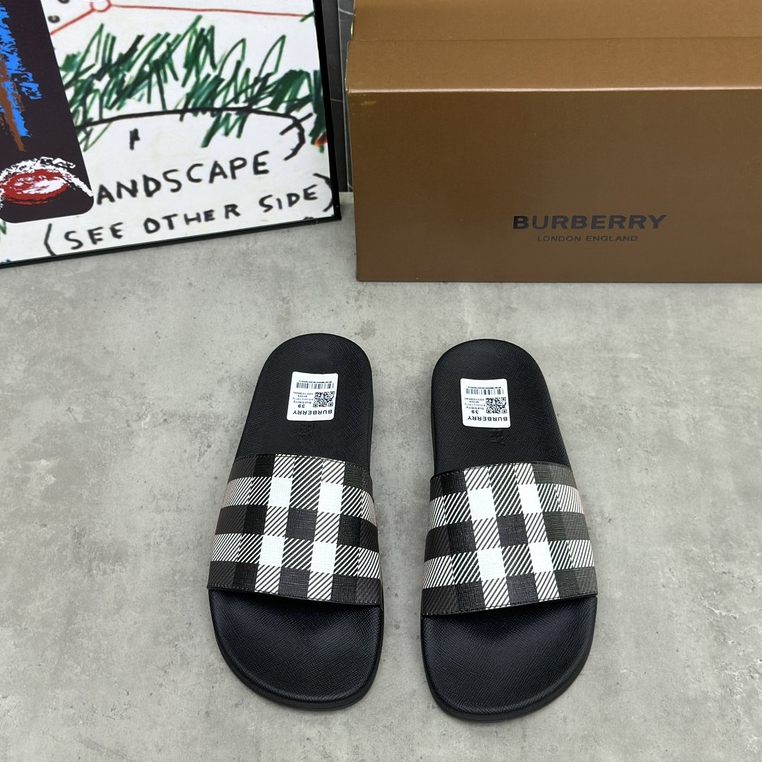 Dép lê quai ngang Burberry đen quai sọc caro LA on web