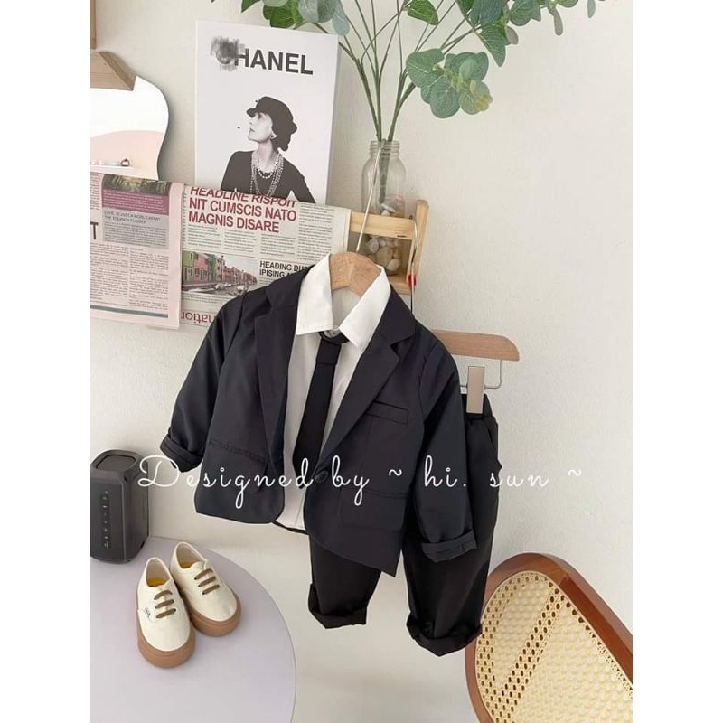 Bộ vest bé trai sơmi trắng + cavat vest quần lụa đen