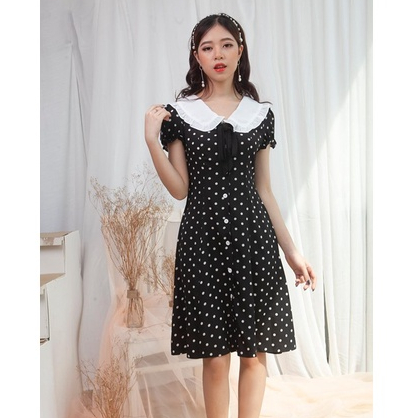 Đầm dáng xòe tay bồng cổ phối bèo họa tiết chấm bi dễ thương thiết kế cao cấp dk586