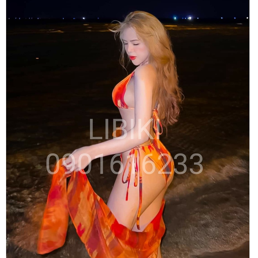 Set bikini 3 mảnh loang đỏ kèm khăn voan, chất thun lạnh