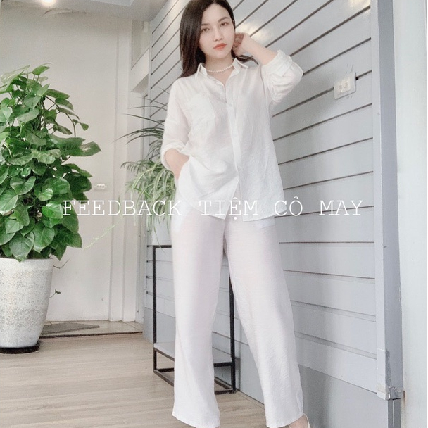 Bộ đũi nữ áo sơ mi và quần ống rộng mặc đi chơi, đi lễ chùa, đi biển cực xinh - Chất vải đũi tơ mềm mịn - mặc mát