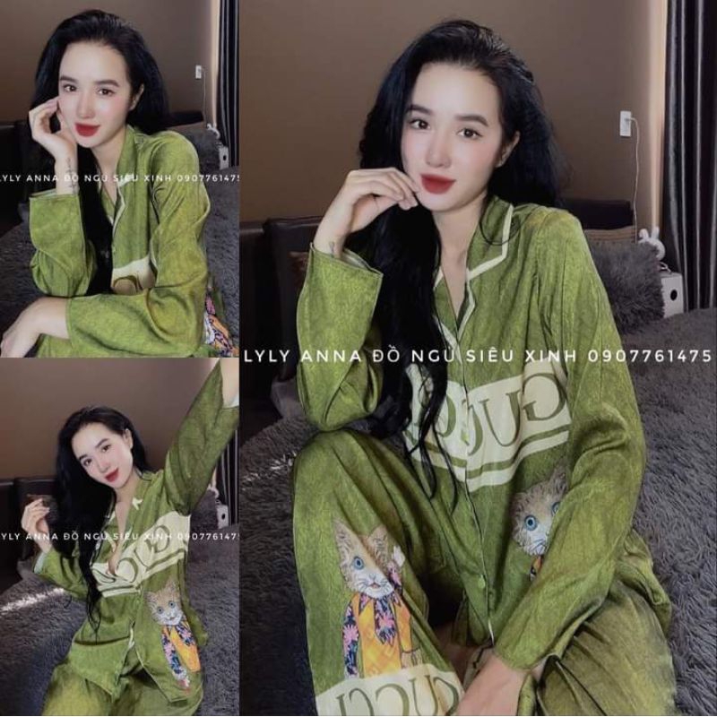 Pijama hàng thiết kế họa tiết Mèo vải lụa xước Tô Châu cao cấp.Ảnh shop chụp thật ở cuối trang nha khách