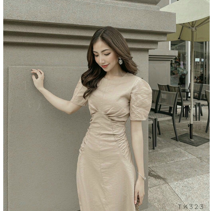 Đầm dự tiệc nhíu eo tay phồng,Váy đẹp dự tiệc MJP (chất liệu linenl mịn 2 lớp full xịn sò) tiểu thư dạo phố xinh xắn san