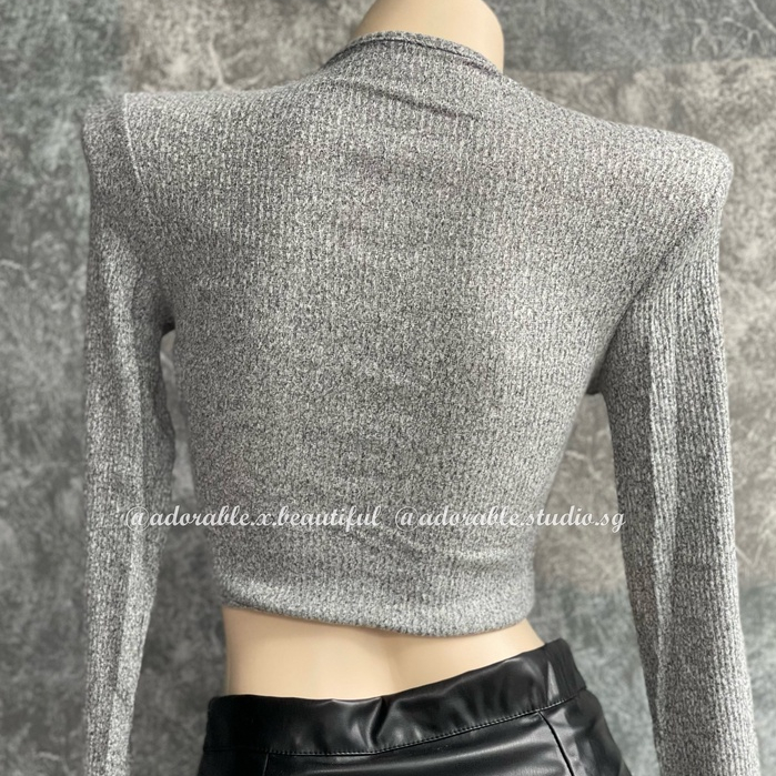 Áo Len Tay Dài Xám Cut Out Xẻ Ngư.c, Áo Croptop Dệt Kim Dài Tay Sexy Ulzzang