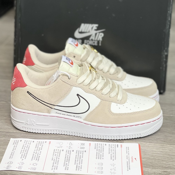 Giày Thể Thao Af1 Low First Use Light Sail Red Af1 Xám Da Lộn Mũi Trắng Gót Đỏ