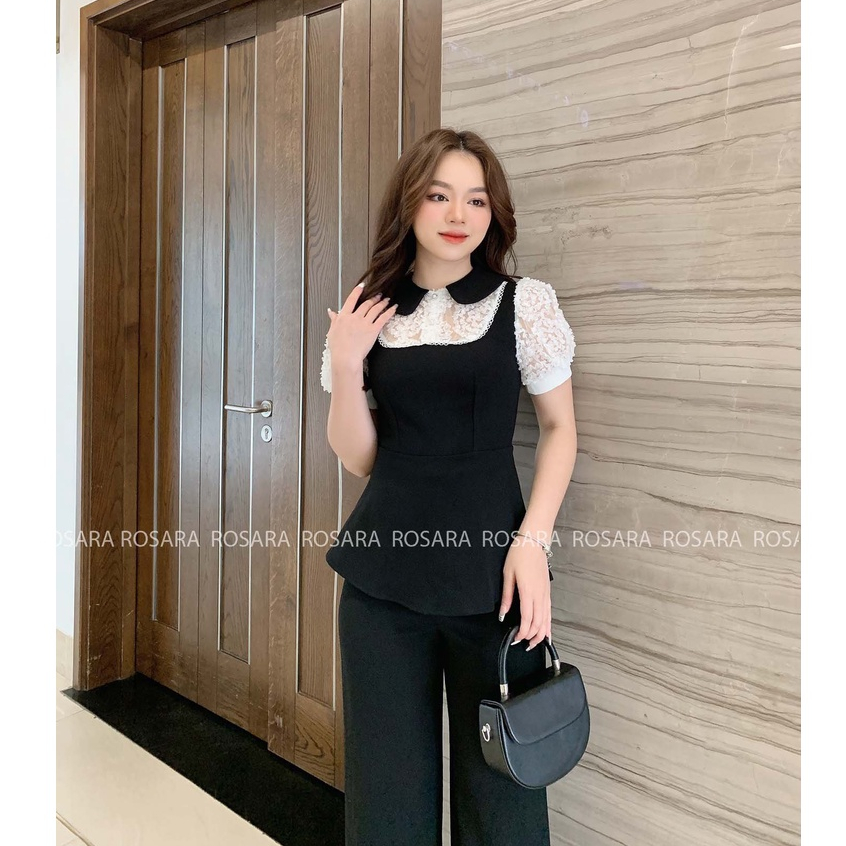 Áo Sơ Mi Đen Peplum Phối Tay Họa Tiết Hoa Thời Trang Rosara SM16